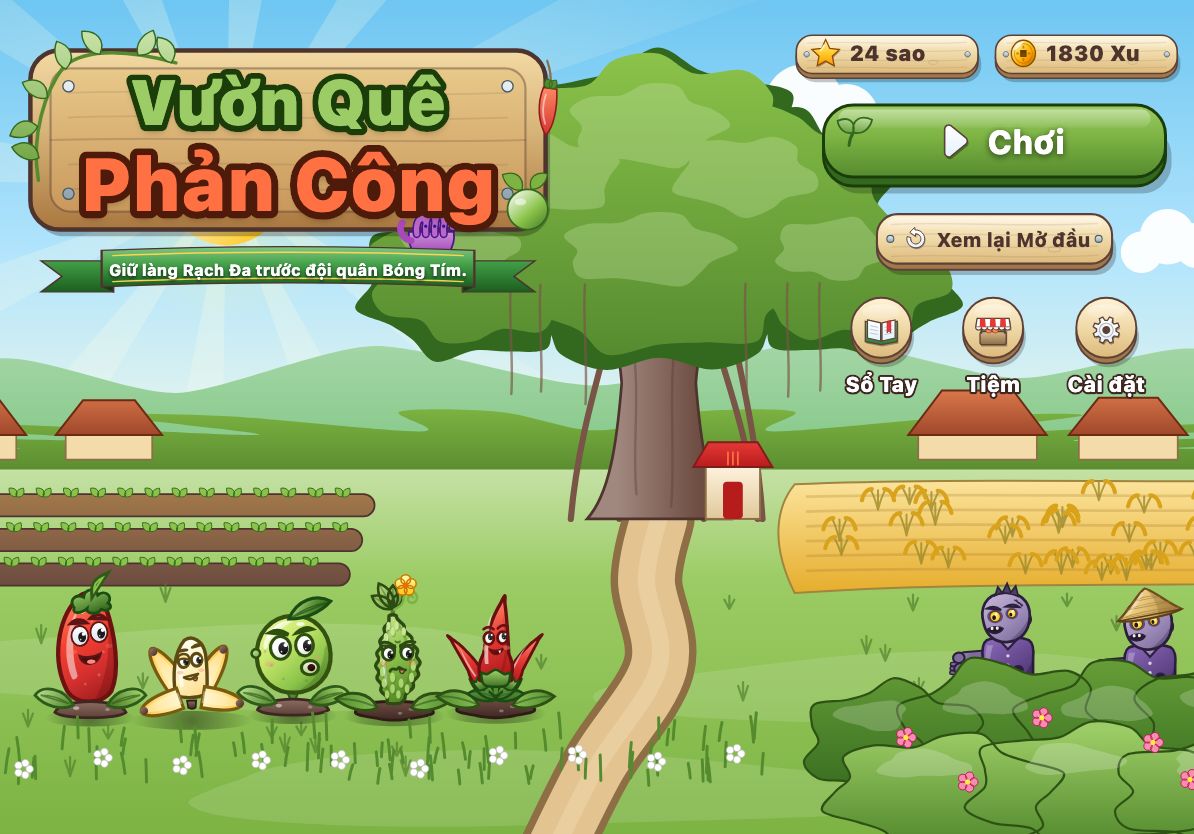 Màn hình chính của game: bảng tên treo trên cây đa, nút Chơi và lối vào Sổ Tay, Tiệm.